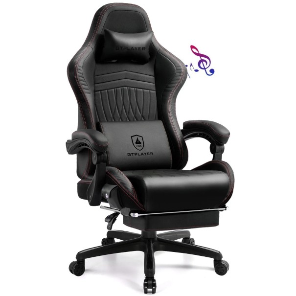 Cadeira de jogo giratória com altifalantes 3D estéreo e apoio de pés, apoio de cabeça e almofada lombar em pele PU e nylon para escritório vermelho