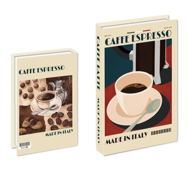 Café Espresso Hamis könyv dekoráció Made in Italy Neotevárható könyv utánzat Retro dizájn eszpresszó motívummal Stílusos lakberendezési kiegészítő 1