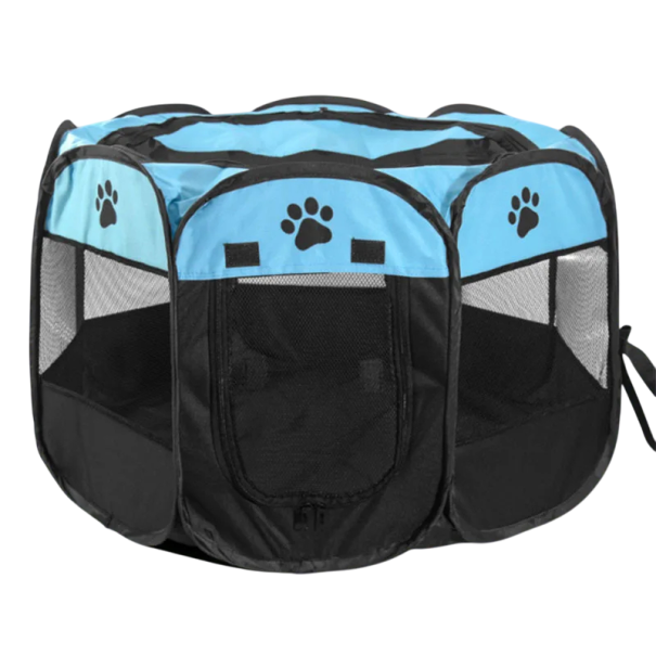Cage pliable octogonale pour chiens et chats 73 x 73 x 43 cm Nid portable pour animaux de compagnie avec clôture Salle de mise bas et fournitures pour éleveurs bleu