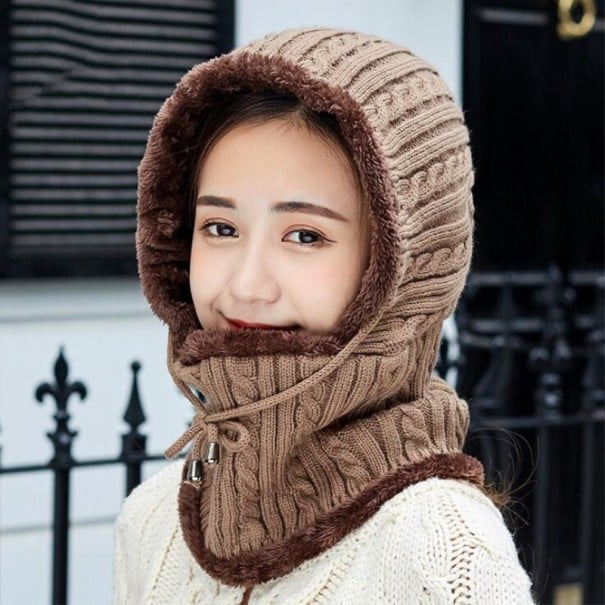 Cagoule d'hiver en tricot pour femmes avec fourrure à l'intérieur Protection de la tête, des oreilles et du cou Motif en torsades Cordon kaki