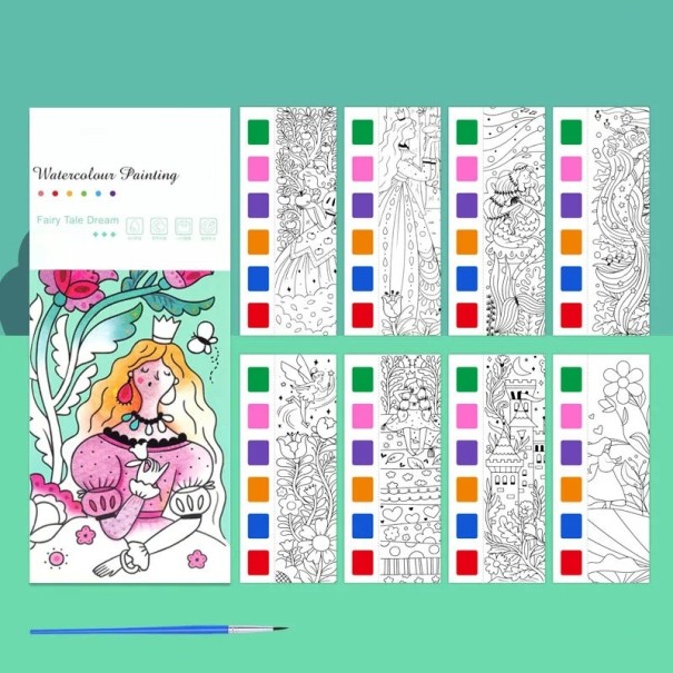 Caiete de colorat cu apă pentru copii Visuri de basm 12 pagini 18,7 x 8 cm colorare cu acuarelă cu paletă și pensulă pentru desen 1