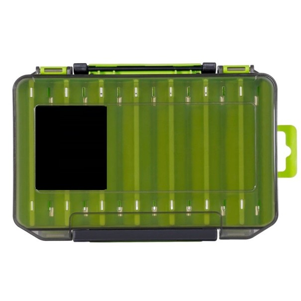 Caixa compacta de plástico dupla face para utensílios de pesca 19,8 x 13,5 x 3,6 cm Organizador de anzóis, iscas e chumbadas Caixa de armazenamento para material de pesca verde
