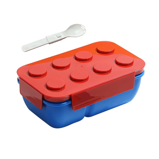 Caixa de Almoço 1050 ml Design Bloco de Construção Bento box com garfo Duas divisões Fechada Caixa de Refeições Microondas Máquina de Lavar vermelho