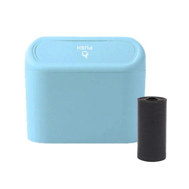 Caixa de lixo pequena para carro com tampa 15,5 x 14 cm Acessório impermeável em ABS com 1 rolo de sacos Contentor de armazenamento compacto azul