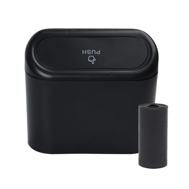 Caixa de lixo pequena para carro com tampa 15,5 x 14 cm Acessório impermeável em ABS com 1 rolo de sacos Contentor de armazenamento compacto preto