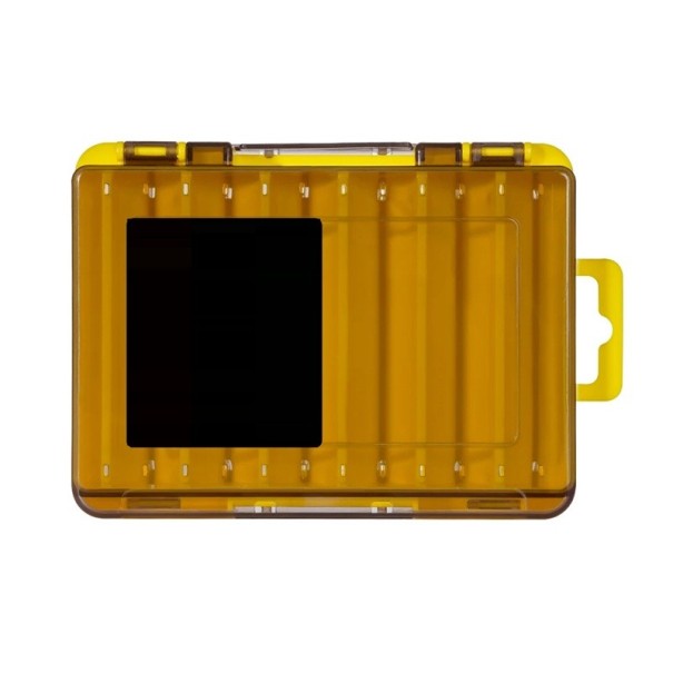 Caixa de plástico compacta e dupla face para material de pesca 14 x 10,5 x 3,2 cm Organizador de anzóis, iscas e chumbadas Caixa de armazenamento portátil para acessórios de pesca amarelo