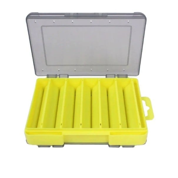 Caja de almacenamiento de doble cara para anzuelos y cebos de pesca 14 x 10,5 x 3 cm Caja portátil compacta con compartimentos Organizador amarillo