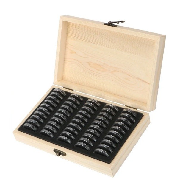 Caja de madera para monedas 50 unidades Caja de coleccionista con soportes de plástico ajustables Doble protección contra la oxidación 1
