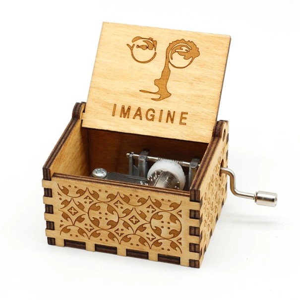 Caja de música de madera con el texto Imagine retrato gafas manual de cuerda 6,4 × 5,2 × 4,2 cm madera natural grabado decoración 1