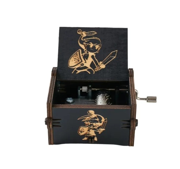 Caja de música de madera con motivo de guerrero, manual, 6,4 × 5,2 × 4,2 cm, contrachapado negro, grabado, decoración, regalo 1