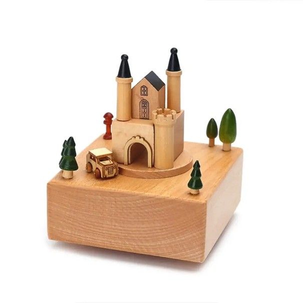 Caja de música de madera giratoria castillo con torres decoración mecanismo manual madera natural escena móvil diseño delicado 1