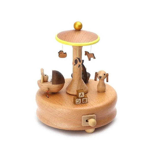 Caja de música de madera giratoria con animales elementos infantiles mecanismo manual madera natural elemento decorativo móvil 1