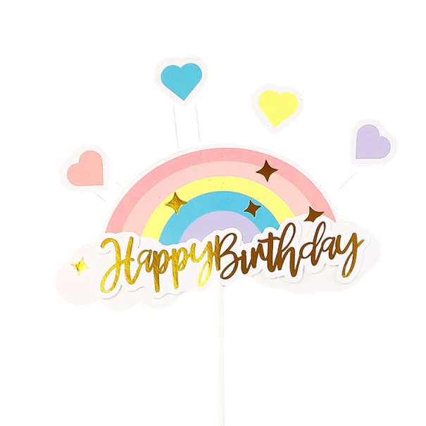 Cake Decoration with Rainbow and Hearts 14 cm Colourful Decoration for Birthday Cake with the Inscription Happy Birthday 1