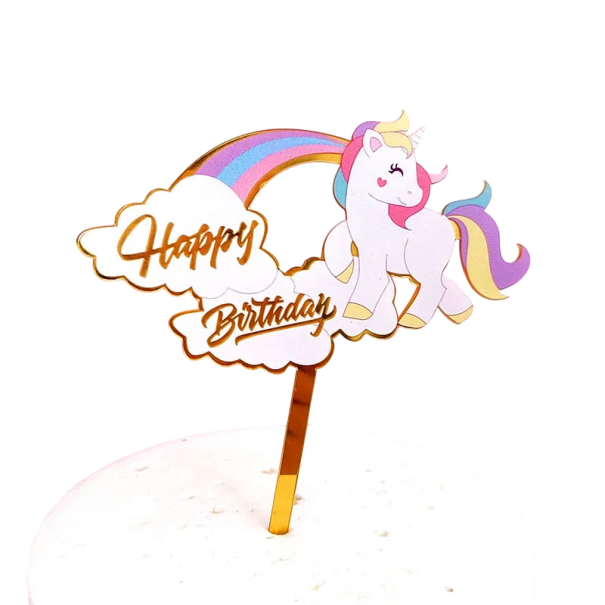 Cake Decoration with Unicorn and Rainbow Pink Children's Celebration Decoration with the Phrase Happy Birthday on a Golden Stick 1