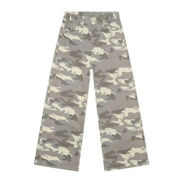 Calças de ganga camufladas para homem com anel metálico Calças largas de perna longa Estilo streetwear Estilo militar Jeans casuais para homem cinzento L