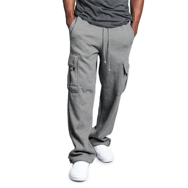 Calças de homem com múltiplos bolsos Corte reto Corda de ajuste Calças desportivas confortáveis Calças de lazer Moda masculina cinzento XXS