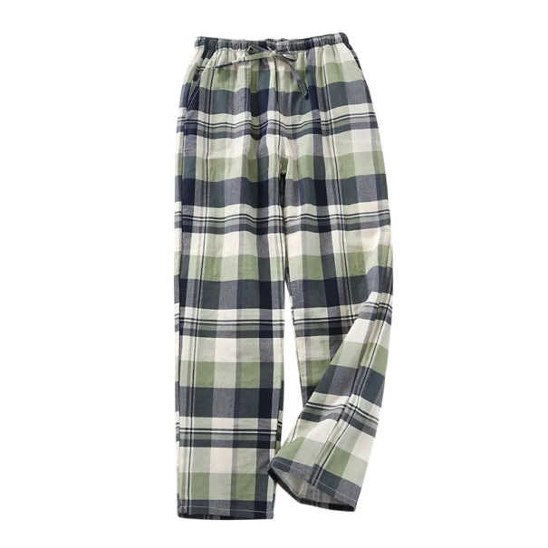 Calças de pijama femininas padrão xadrez com pernas longas e cintura ajustável em algodão verde e cinza para uso doméstico e sono com corte confortável M