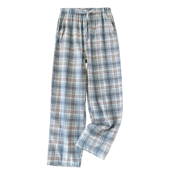 Calças de pijama femininas padrão xadrez de perna longa com cintura ajustável em algodão azul e cinza para uso doméstico e sono com corte confortável S