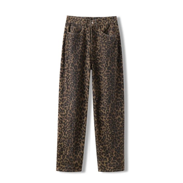Calças de Senhora com Padrão de Leopardo com Bolsos 100% Algodão Calças Modernas e Estilosas Estampado Animal Peça Casual S