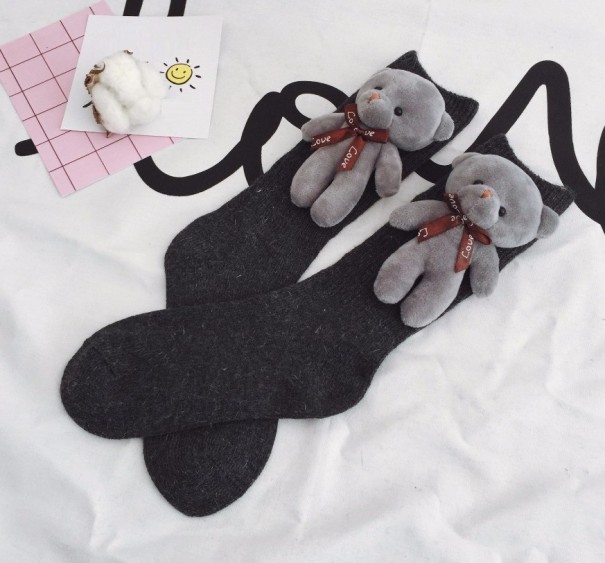 Calcetines de lana para mujer con osito de peluche en 3D gris oscuro