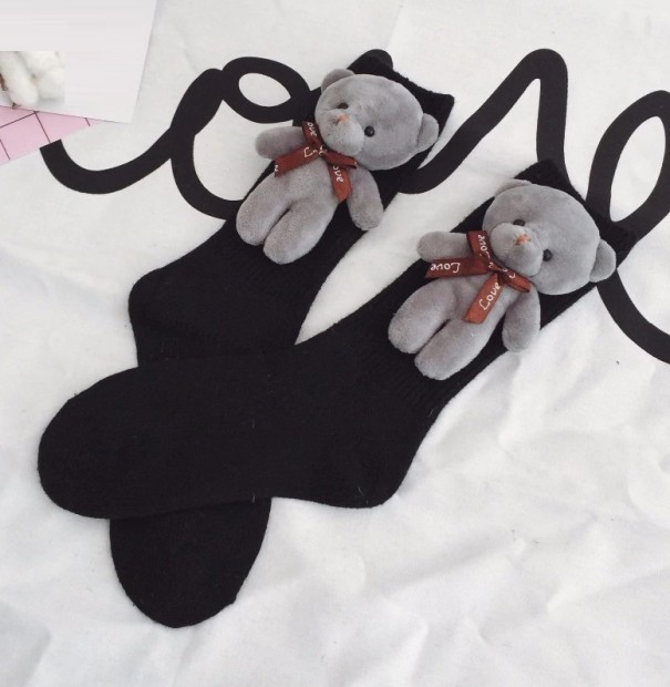 Calcetines de lana para mujer con osito de peluche en 3D negro