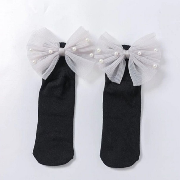 Calcetines de niña con lazo grande y perlas negro 1-3 años
