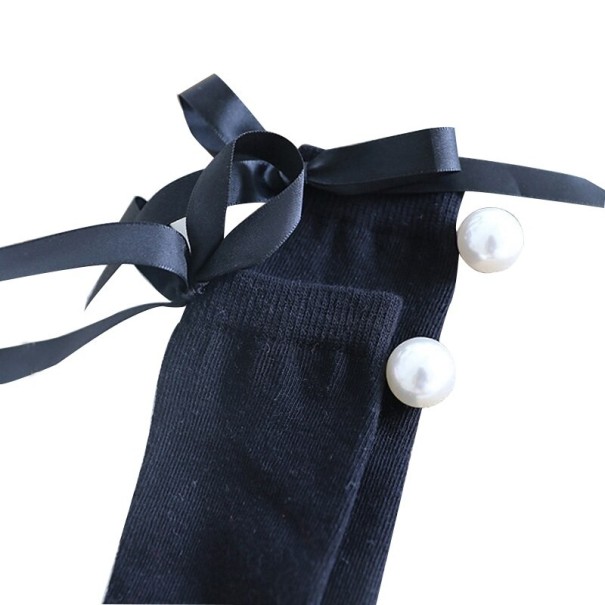 Calcetines de niña con lazo y perlas negro 0-2 años