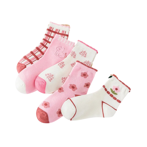 Calcetines de niña para niños 5 pares 4–8 años Calcetines rosas con motivos de flores Poliéster Calcetines cómodos y coloridos para uso diario 1