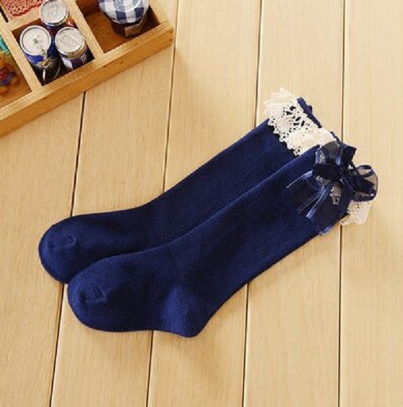 Calcetines hasta la rodilla para niñas con volantes y lazo azul oscuro 1-3 años