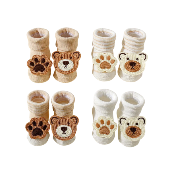 Calcetines infantiles unisex 4 pares Calcetines de un solo color con motivo de osito Algodón poliéster elastano Calcetines suaves y cómodos para niños 0-6 meses