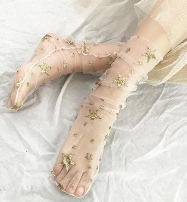 Calcetines transparentes de mujer con estrellas dorado