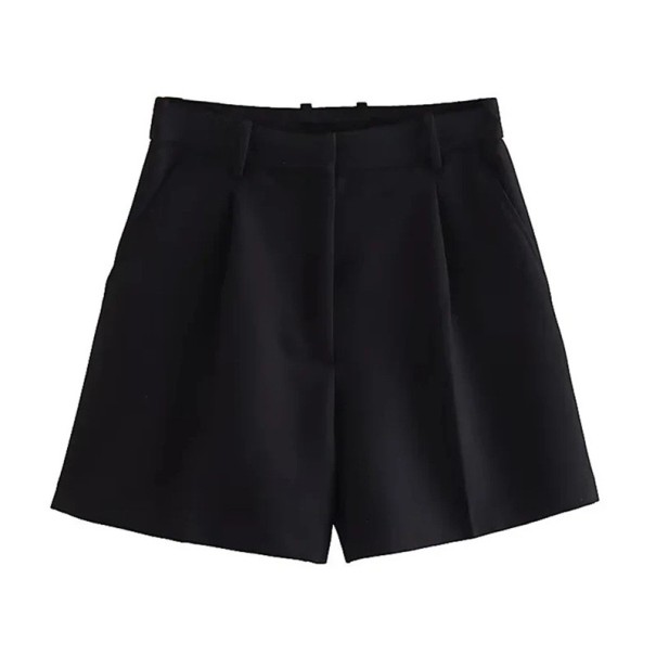 Calções curtos pretos femininos de cintura alta com fecho de correr Calções elegantes com bolsos laterais Calções pretos de verão para lazer L