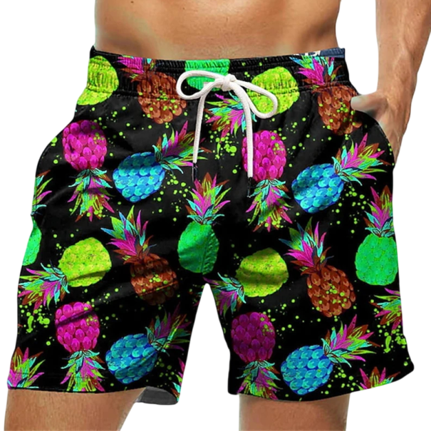 Calções de banho para homem com estampado de ananás e cintura elástica com cordão ajustável, calções de banho com bolsos laterais verde XL