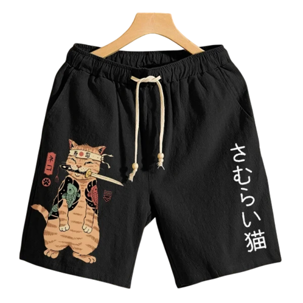 Calções de banho para homem com estampado de anime de gato samurai, cintura elástica com cordão ajustável, calções de banho preto 4XL