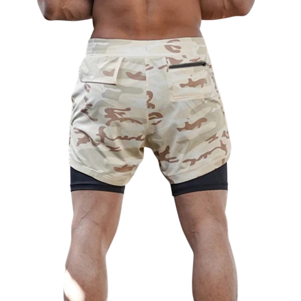 Calções de camuflagem de verão para homem de duas camadas Calções de praia respiráveis de secagem rápida para fitness e corrida Calções desportivos elásticos com forro bege L