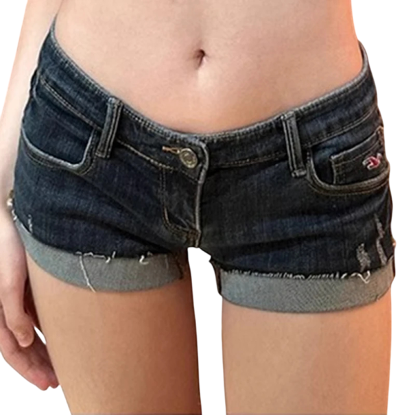 Calções de ganga azuis curtos para senhora com cintura baixa Calções slim fit elásticos Calções de ganga justos de verão para lazer azul escuro XL