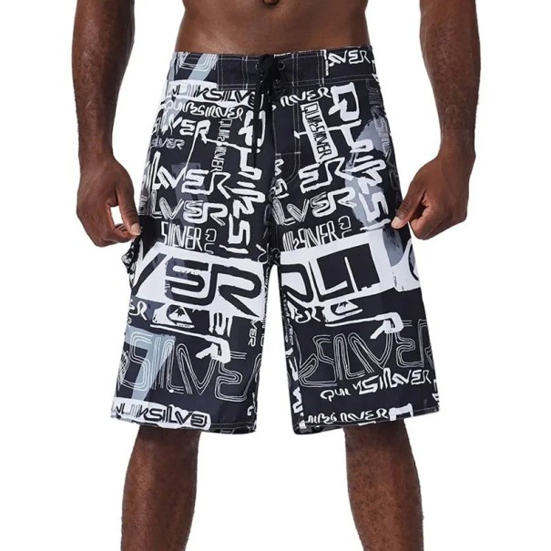 Calções de surf pretos para homem com estampado branco, com cordão e bolso lateral, corte solto, comprimento até aos joelhos XL