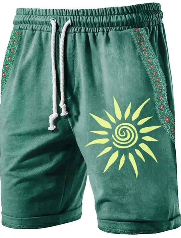 Calções de Verão Masculinos Respiráveis com Estampado de Sol Material Leve Corte Confortável Corda Ajustável Ideais para Dias Quentes Uso verde S