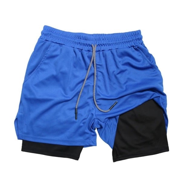 Calções desportivos masculinos de duas camadas Rápido a secar Para exercício com bolsos Cintura elástica alta Calções confortáveis azul S