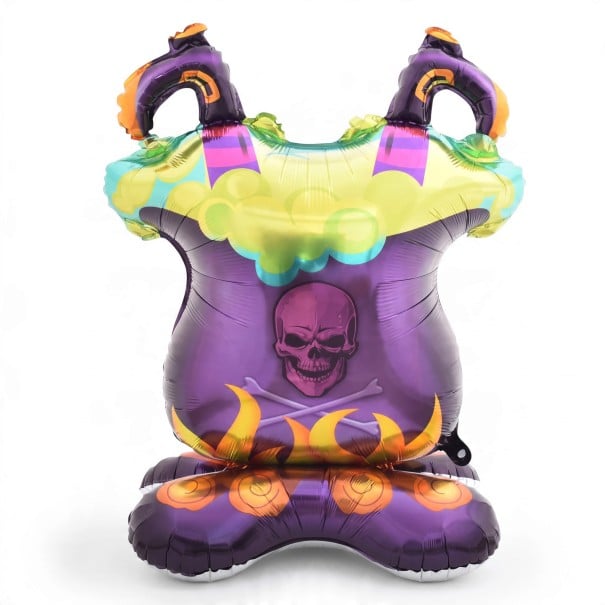 Caldero de bruja inflable con piernas de bruja Globo de pie Decoración de Halloween Morado con calavera Decoración de fiesta para Halloween 1