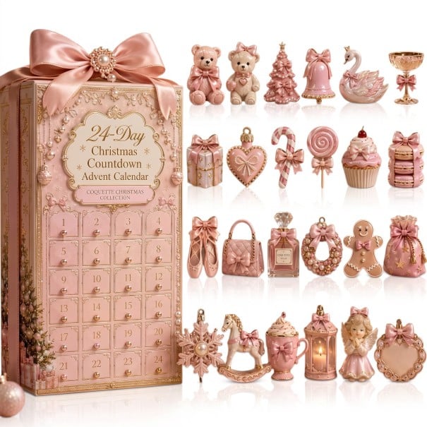 Calendario dell'Avvento 24 personaggi natalizi Figure con fiocchi Stile Coquette Orsetto cigno e punte di balletto Rosa chiaro Decorazione natalizia 1