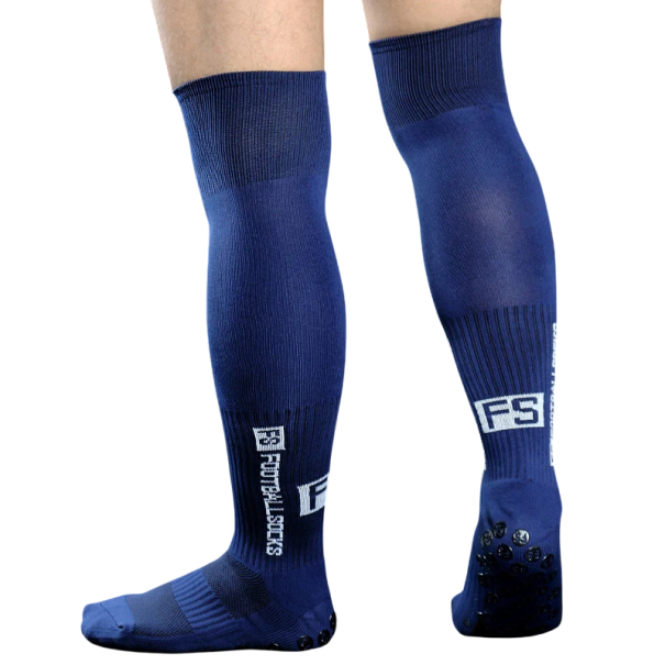 Calze da calcio antiscivolo calze sportive unisex elastiche traspiranti alte fino al ginocchio per calcio allenamento e partita blu navy