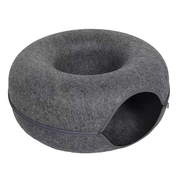 Cama de feltro para gatos 2 em 1 em forma de donut Diâmetro 50 cm Altura 20 cm Design removível Cama aquecida Sono confortável Casa para gatos cinzento escuro