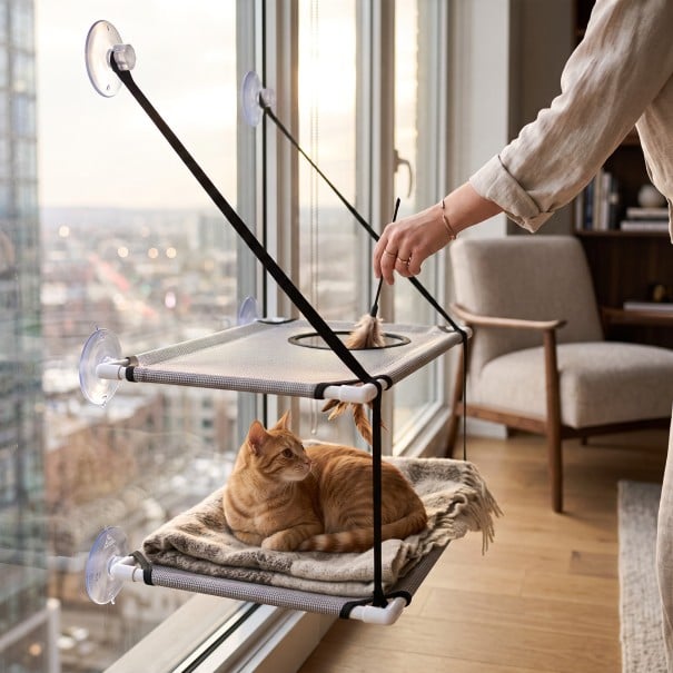 Cama suspensa de dois andares para gatos na janela 50 x 30 cm Ventosas e correias de nylon Rede Oxford Hamaca com passagem cinzento