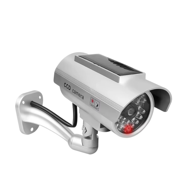Câmara de segurança falsa solar com LED a piscar Impermeável simulação CCTV Suporte ajustável Montagem exterior Proteção contra ladrões prateado