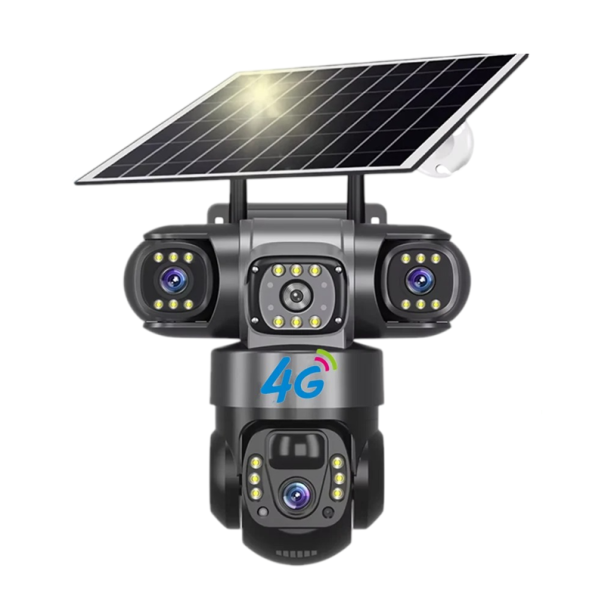Câmara de segurança solar 4G 15MP com zoom de 10×, visão nocturna e deteção de pessoas, câmara exterior preta com três objectivos para vigilância 1