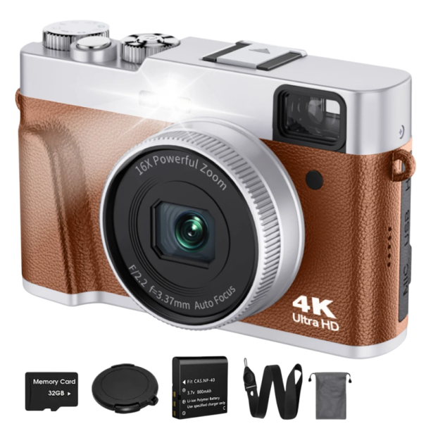 Cámara digital 48 Mpx 4K con autoenfoque Tarjeta de 32 GB Cable HDMI y USB-C Bolso con solapa Correa Cámara compacta para viajes marrón