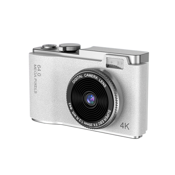 Câmara digital 64 Mpx 4K com ecrã de 2,4" Duração de 8 h a fotografar bateria de 800mAh Tamanho compacto 12 x 6 x 4 cm Vídeo e fotografia prateado