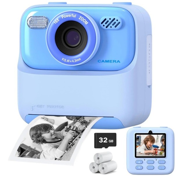 Câmara fotográfica infantil com impressão instantânea e zoom de 16x com vídeo 1080p, leitor de música e jogos, com ecrã IPS de 2,4" e cartão azul