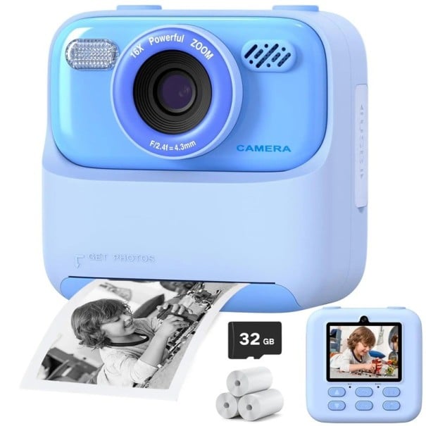 Cámara infantil con impresión instantánea y zoom de 16x con video 1080p, reproductor de música y juegos, pantalla IPS de 2,4" y tarjeta de 32 azul